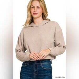 Zenana Drop Shoulder Ribbed Crop Hoodie